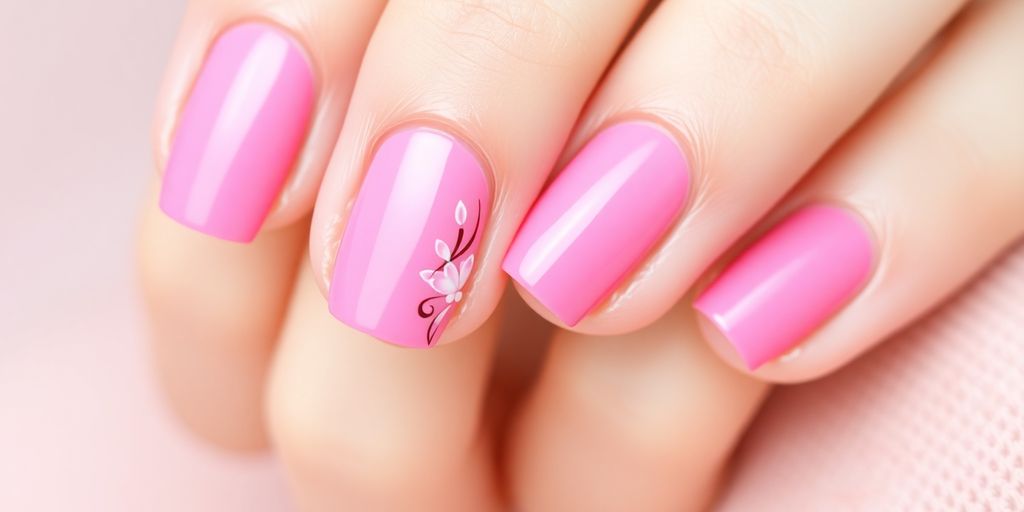 Unhas em gel rosa bem cuidadas e brilhantes.