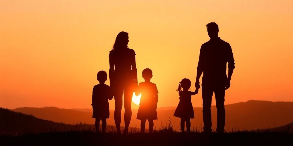 Silhouettes of family against a peaceful sunset landscape.