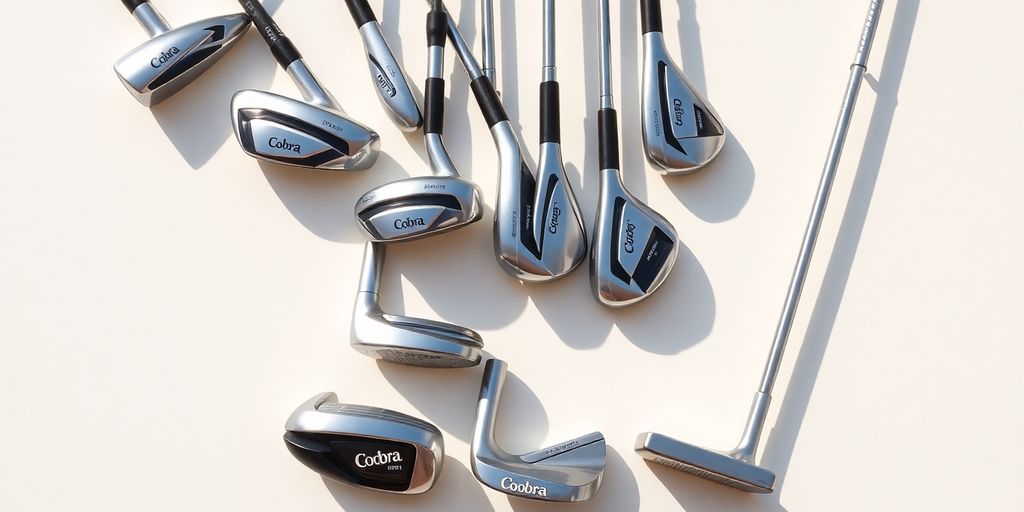 Used Cobra golf clubs arranged neatly.