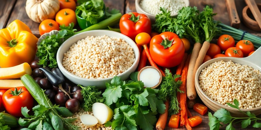 Colorful Mediterranean meal kit ingredients on a wooden table.
