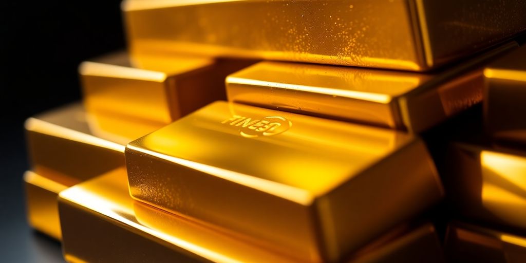 Des lingots d'or brillants empilés sur un fond sombre.