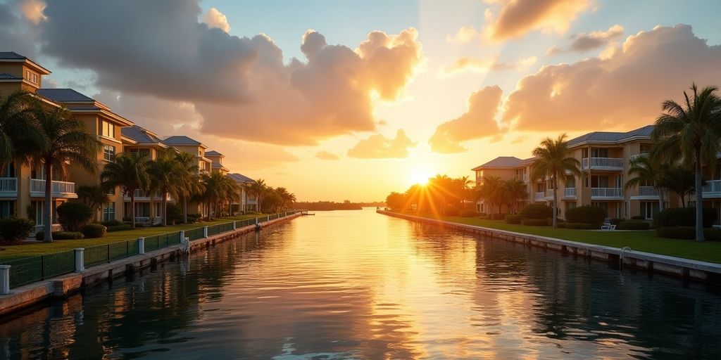 Luxury waterfront condos in Boca Raton at sunset.