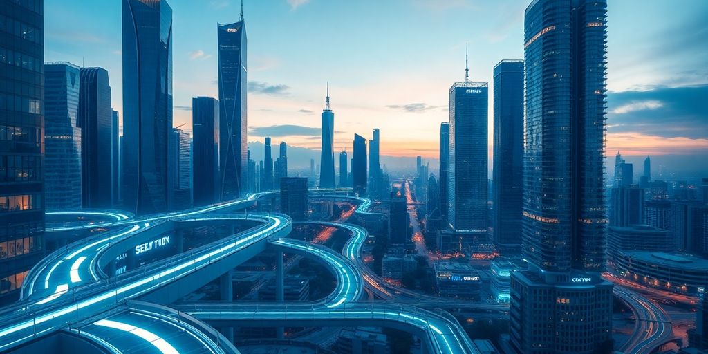 Futuristic cityscape with glowing infrastructure.