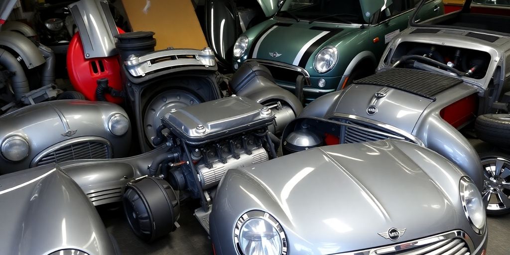 Mini Cooper parts laid out neatly.