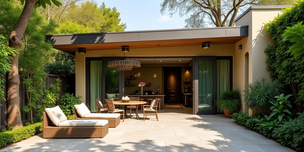 Modern ADU home with a lush green backyard.