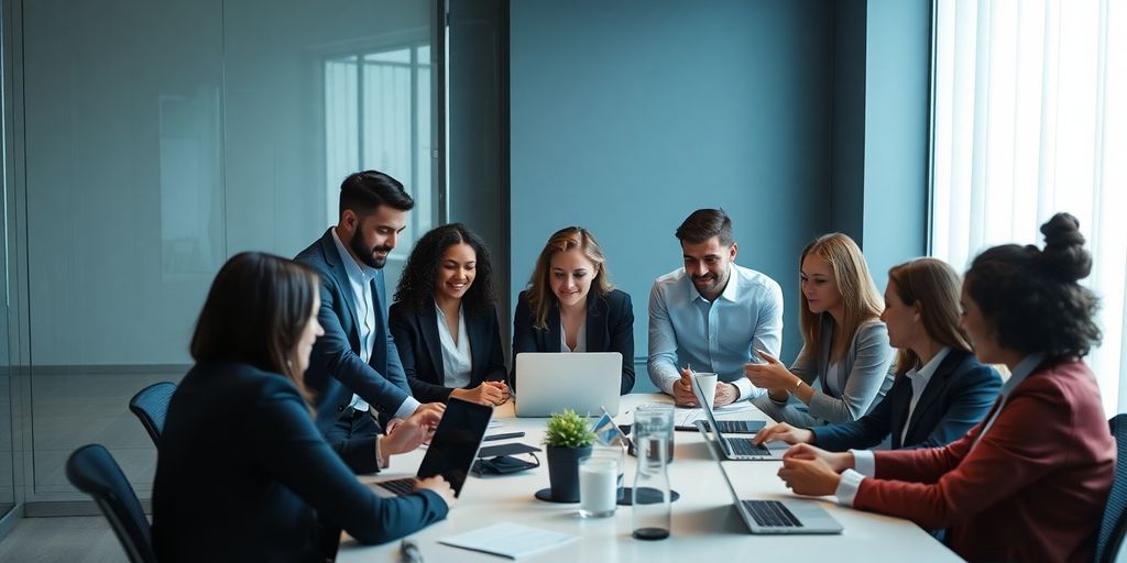 Diverse legal team collaborating with technology in an office.