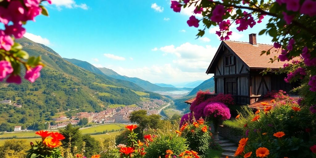 Landschaft mit grünen Wiesen und bunten Blumen im Ausland.