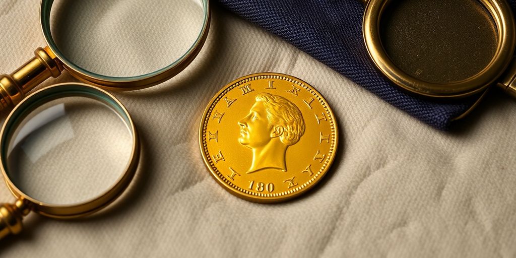 Monnaie en or de Napoléon sur un tissu en velours.
