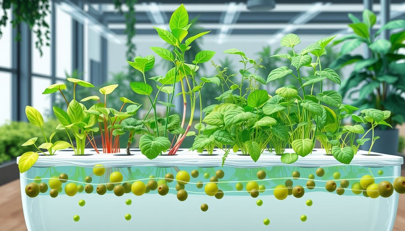 Hydroponic plants in nutrient solution indoors