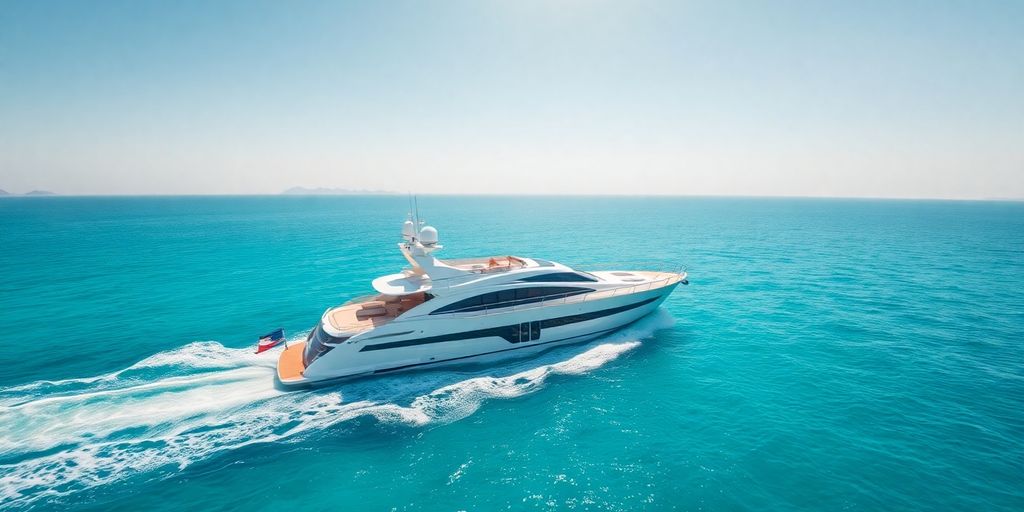Luxury yacht sailing on clear blue ocean waves.