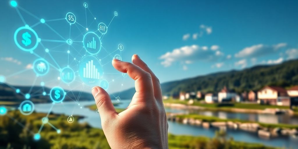 Data points, financial charts, flowing water, strong houses.