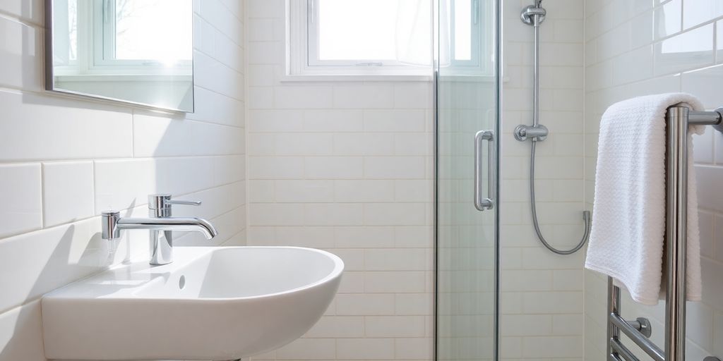 Modern London bathroom, elegant fixtures, natural light.