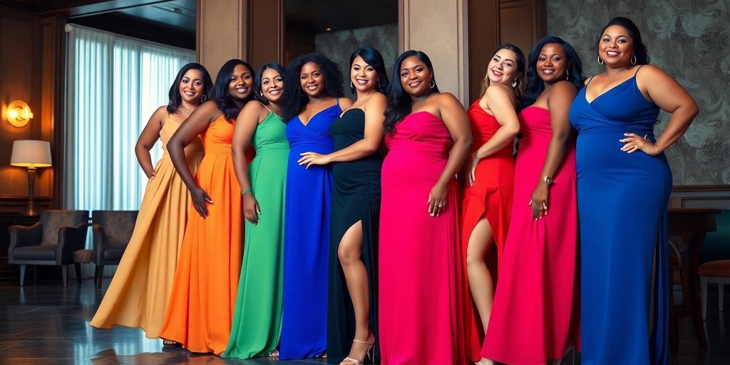 Women wear chic plus size cocktail dresses.