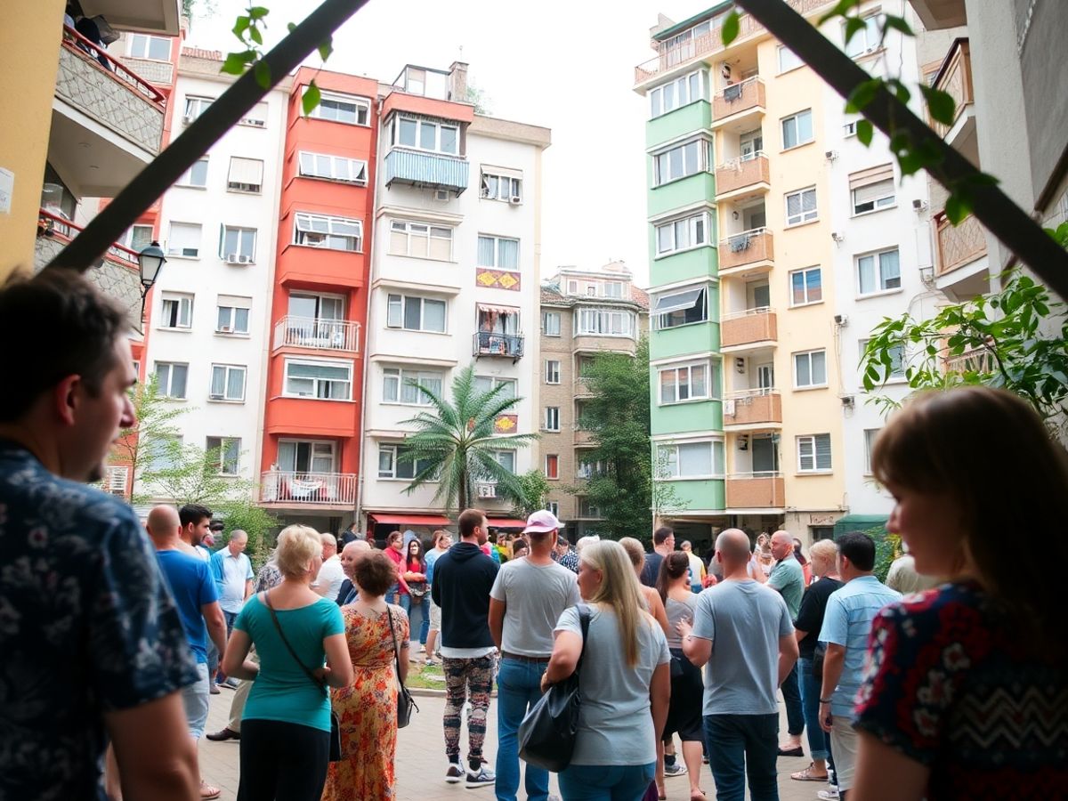 Blocuri de locuințe și oameni interacționând în spații comune.