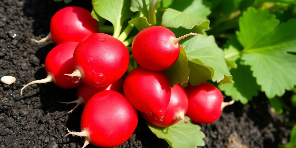 Rote Radieschen wachsen im Gartenbeet.