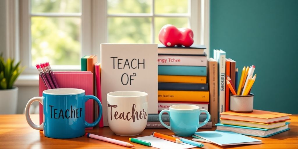Colorful teacher gifts on a wooden desk with natural light.