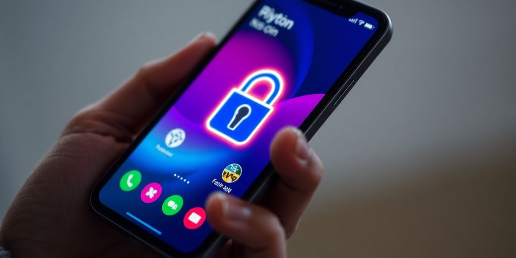 Smartphone displaying crypto app, secure digital lock.