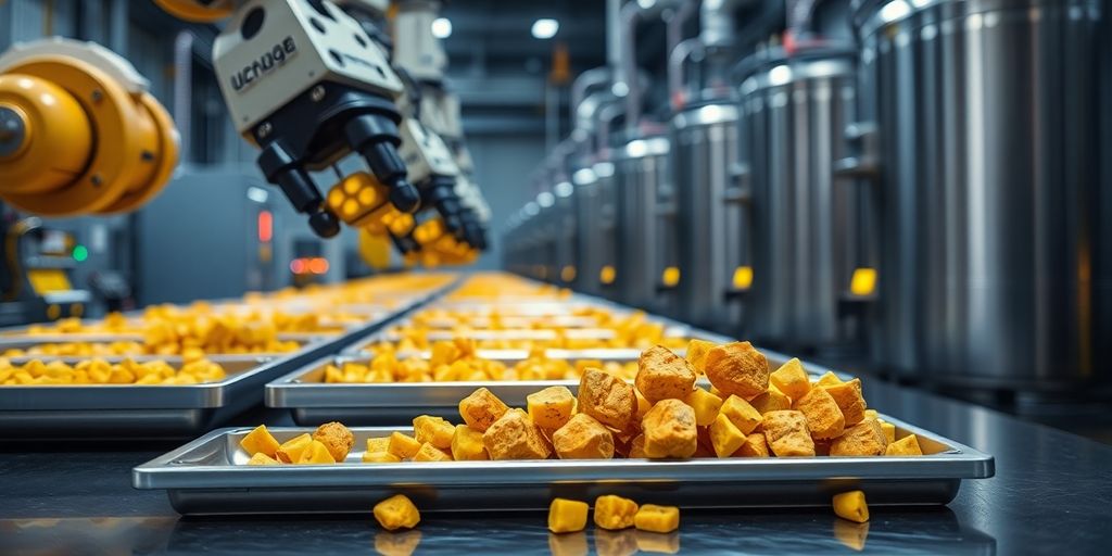 Robotic arms loading yellow uranium pellets inside industrial processing facility