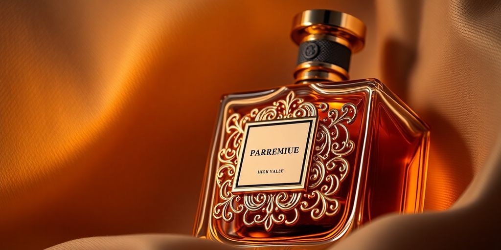 Frasco de perfume luxuoso com iluminação suave.