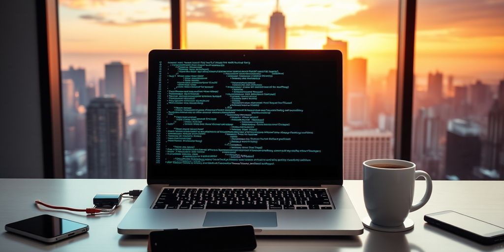 Modern workspace with laptop, tech gadgets, and skyline.