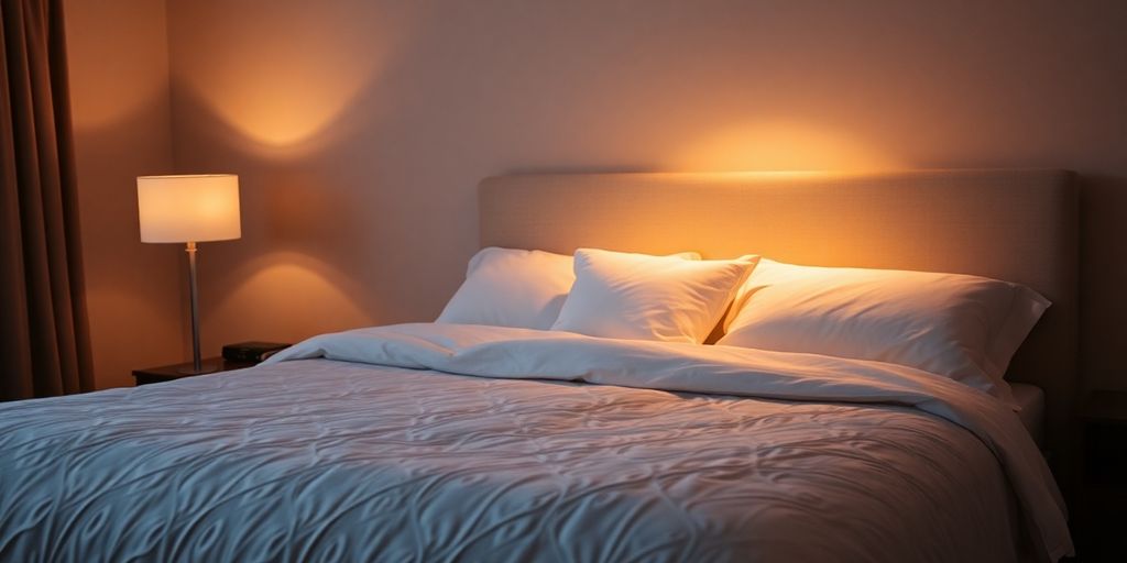 Peaceful bedroom, soft light, cozy bed.