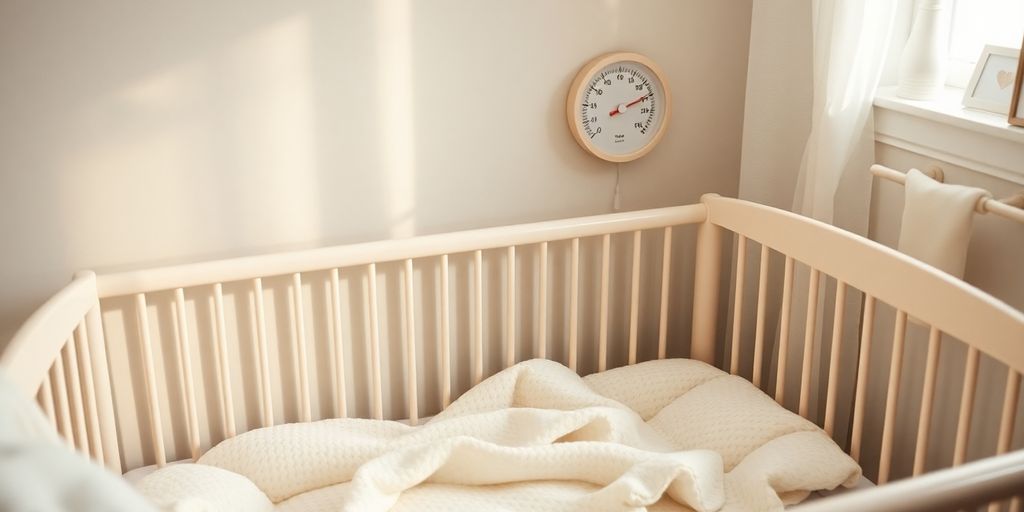 Cozy nursery with crib and thermometer for baby sleep temperature.