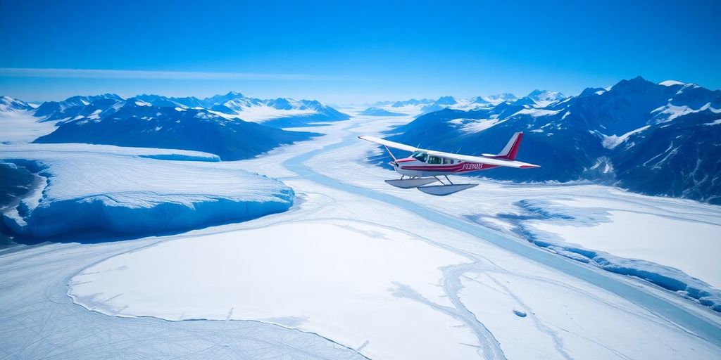 A small floatplane flies over a vast Alaskan glacier.