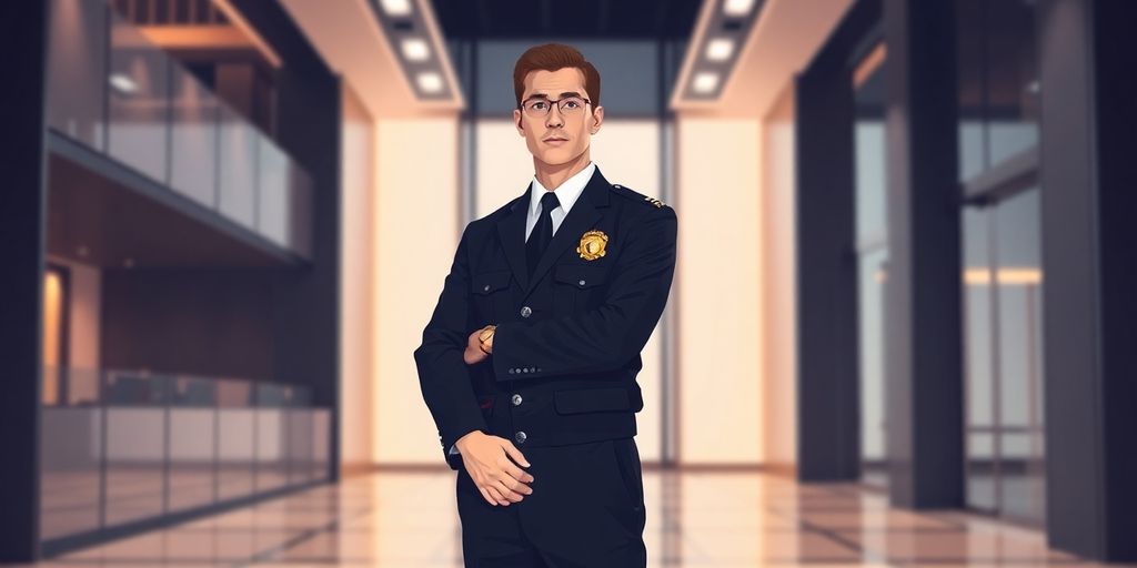 Corporate security officer in uniform, standing watch.