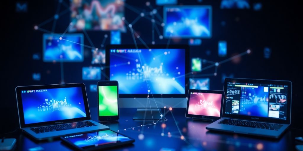 Arrows connecting digital content to multiple platforms.