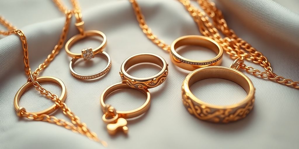 Bijoux en or sur un fond de tissu doux.
