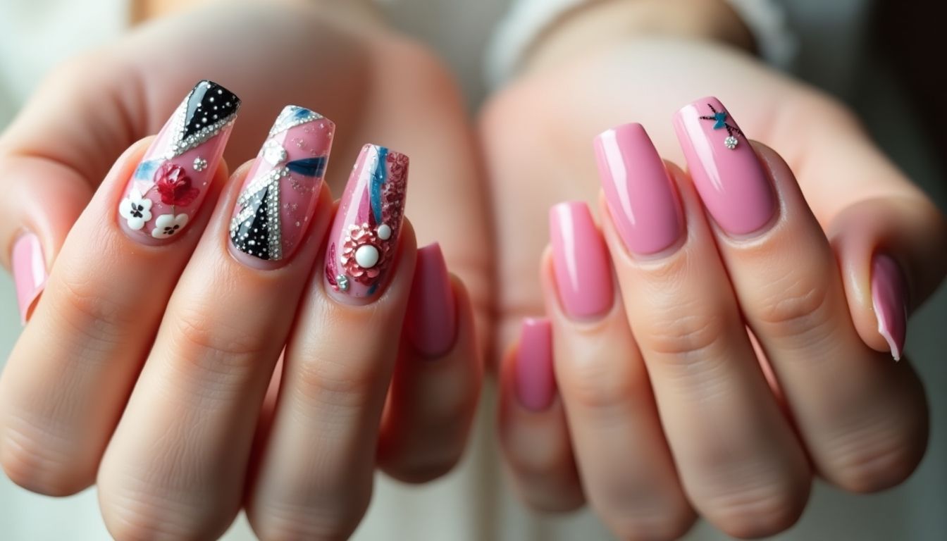 Acrylic and gel nails comparison with vibrant and glossy styles.