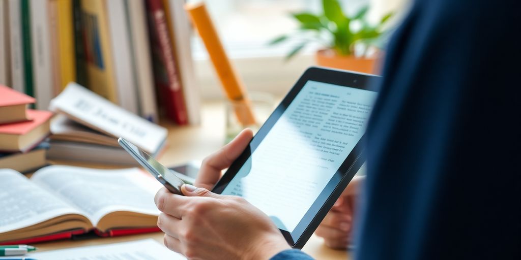 Person reading tablet in a bright workspace.