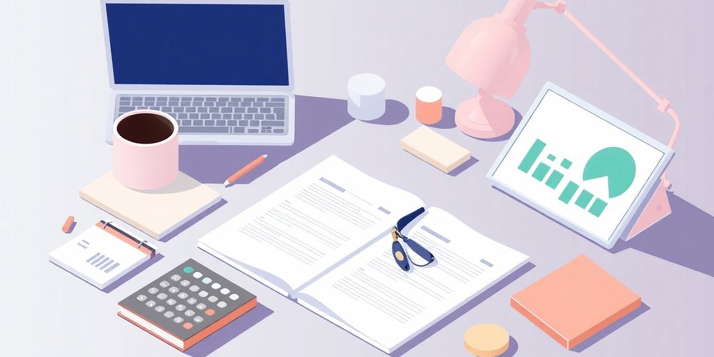 Illustrasjon av et kontormiljø med regnskapsverktøy.