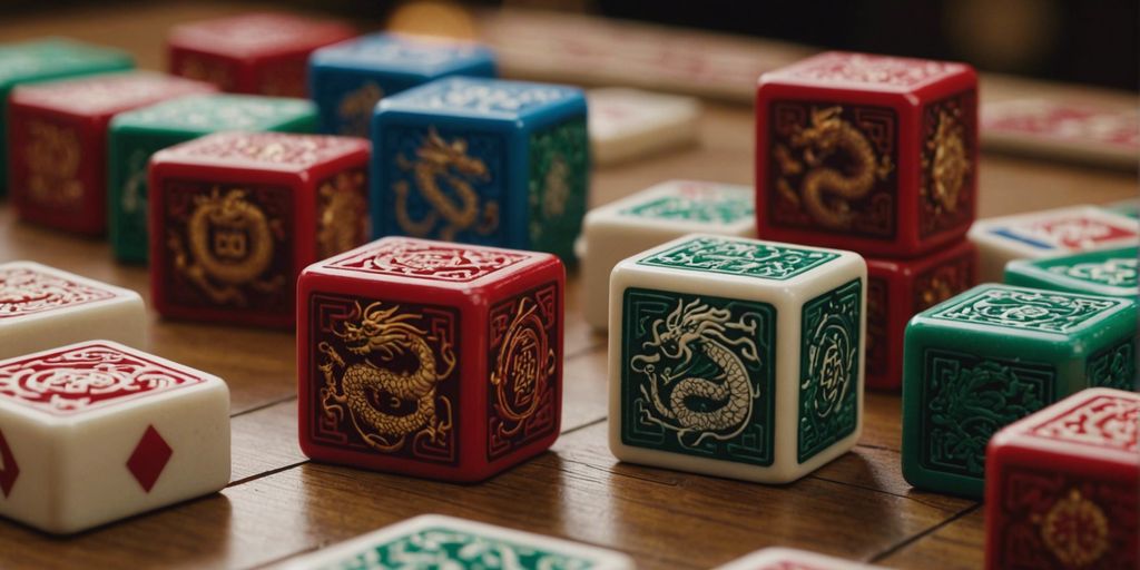Close-up of colorful Mahjong dragon tiles on a traditional game table, highlighting their intricate designs and cultural significance.