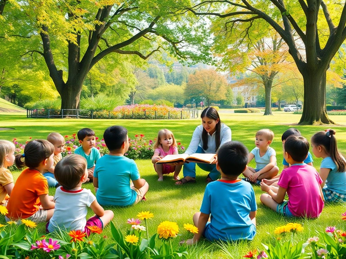 Grup de copii ascultând povești într-un parc verde.