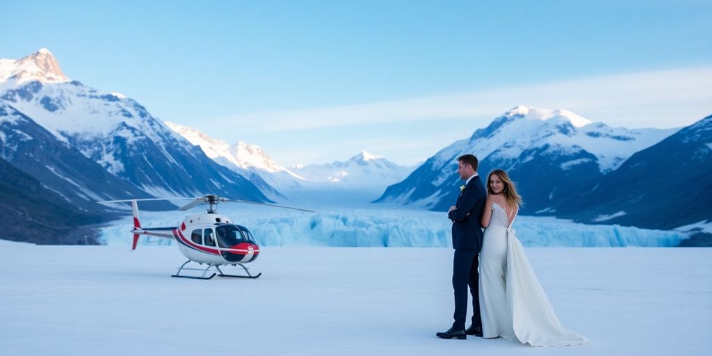 A couple in wedding attire on a glacier with a helicopter.