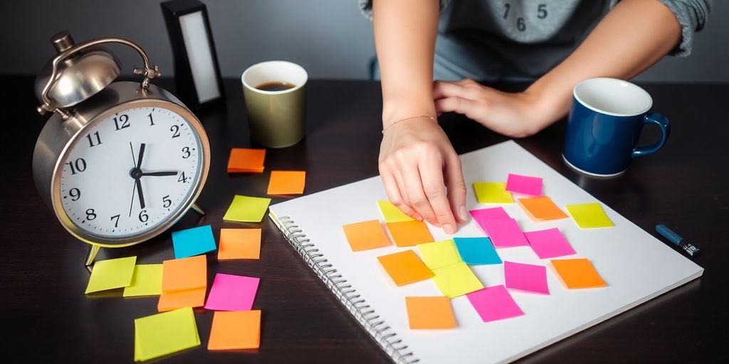 Person stretching at a colorful workspace with coffee and notes.