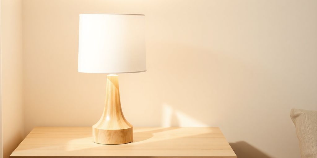 Scandi table lamp on a wooden surface with soft lighting.