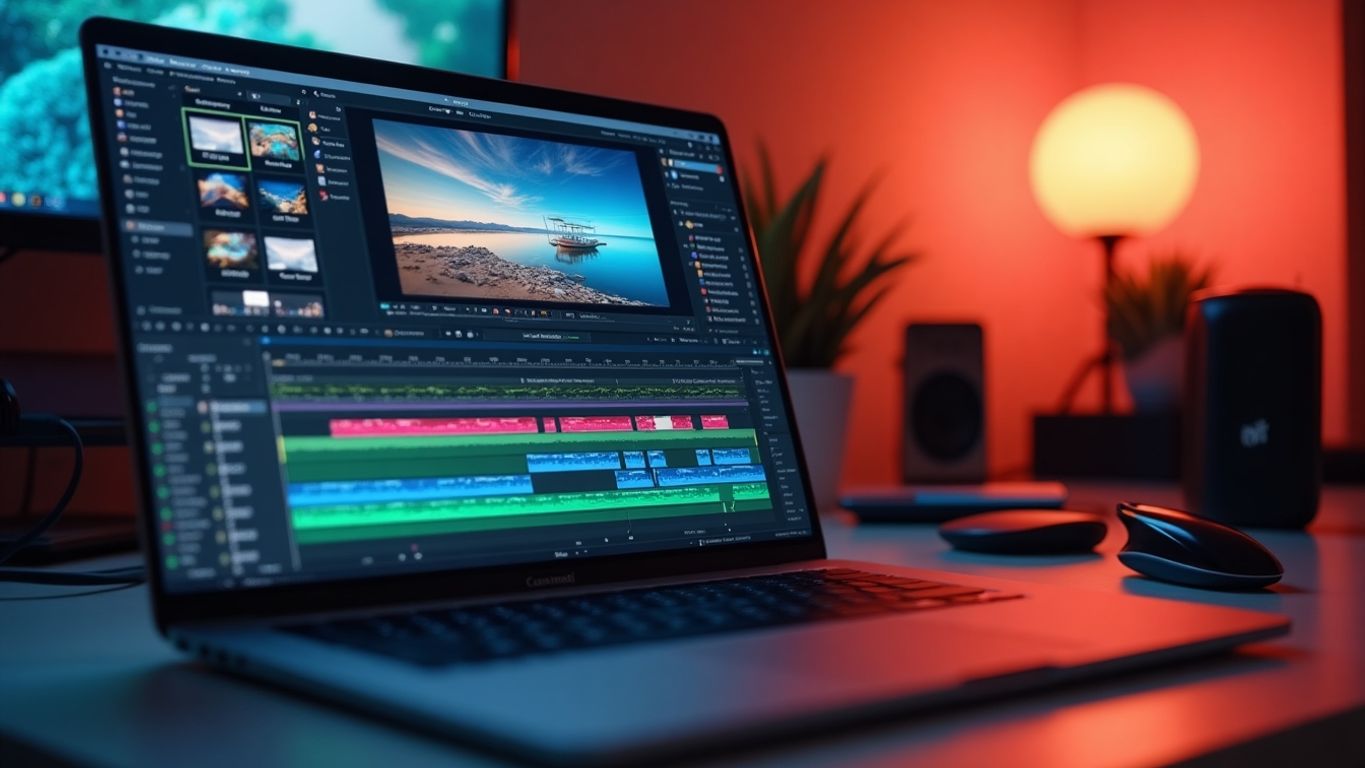 High-definition video editing workspace with tools and laptop.