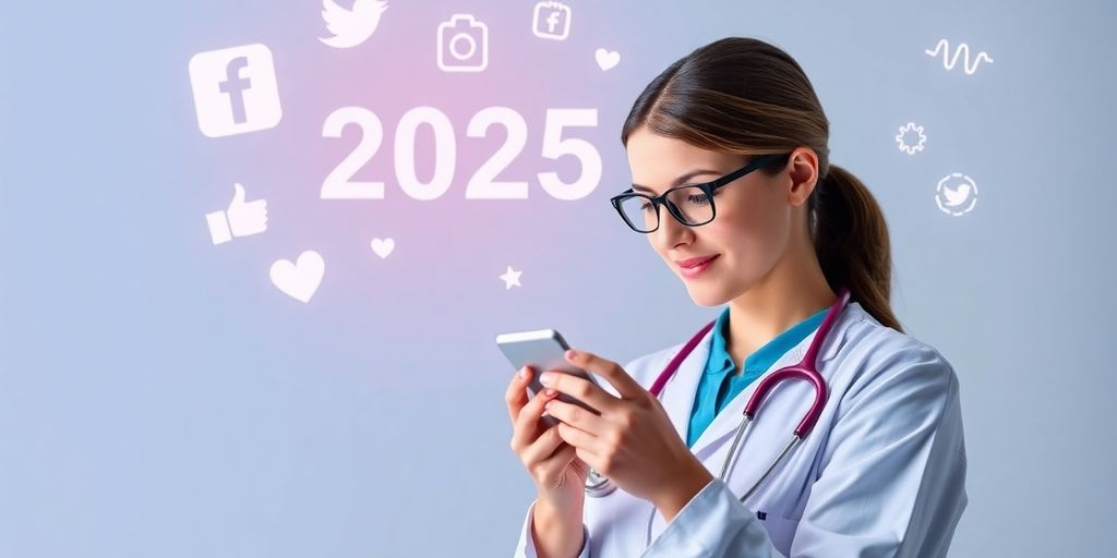 Profesional de salud usando redes sociales en un smartphone.