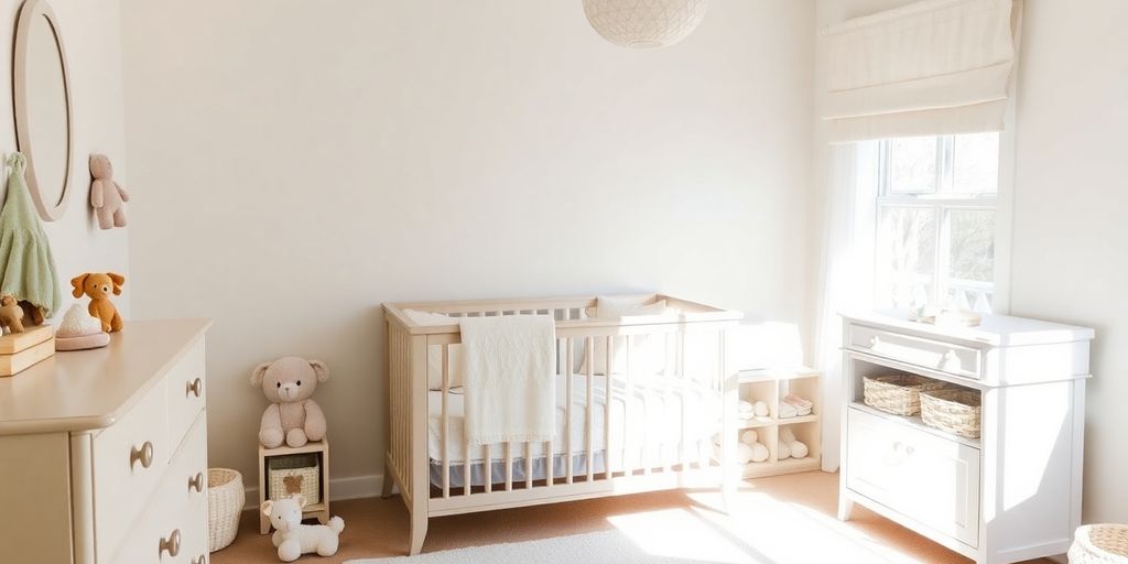 Gemütliches Babyzimmer mit einem Kinderbett und Spielzeug.