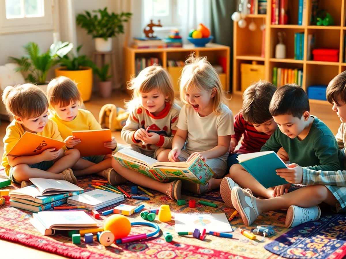 Copii creați povești pe un covor colorat.