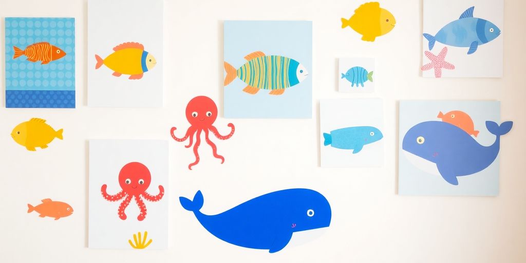Cheerful kids admire colorful sea creature wall art.