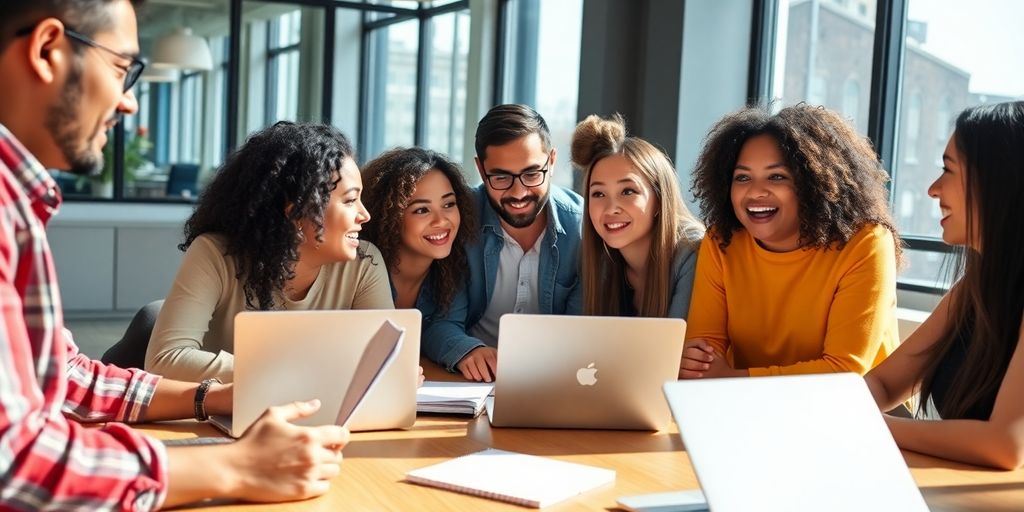 Diverse entrepreneurs collaborating in a bright office space.