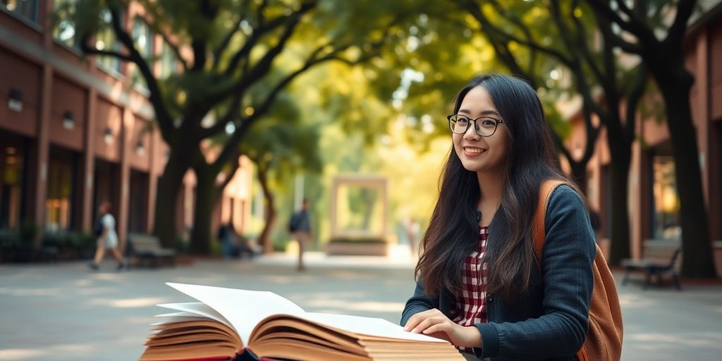 University student surrounded by books and greenery on campus.