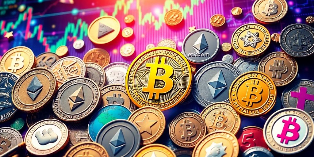 Colorful cryptocurrencies on a futuristic financial background.
