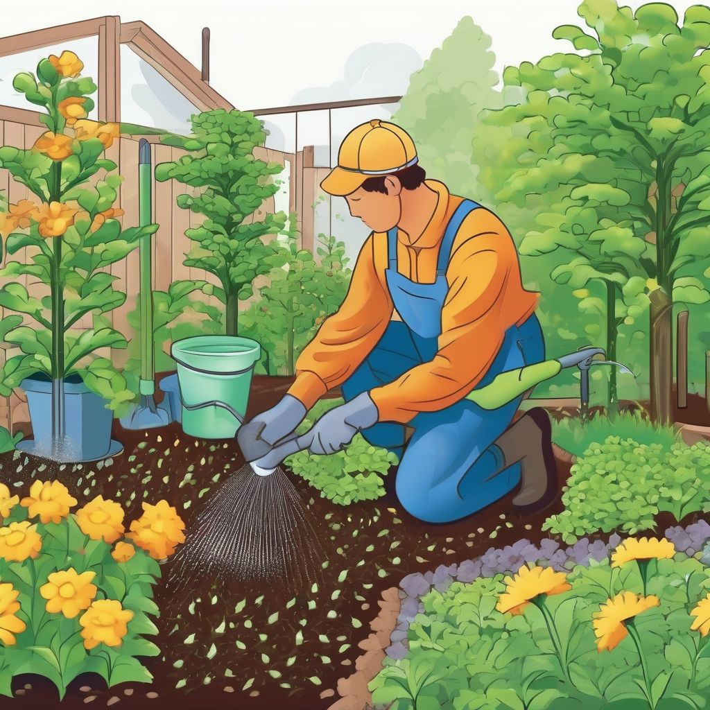 gardener applying fertilizer to individual plants in a garden
