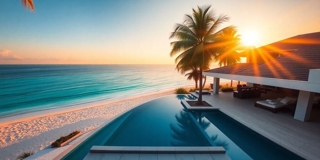 Luxury villa, Phuket beach, clear blue ocean, sunset.