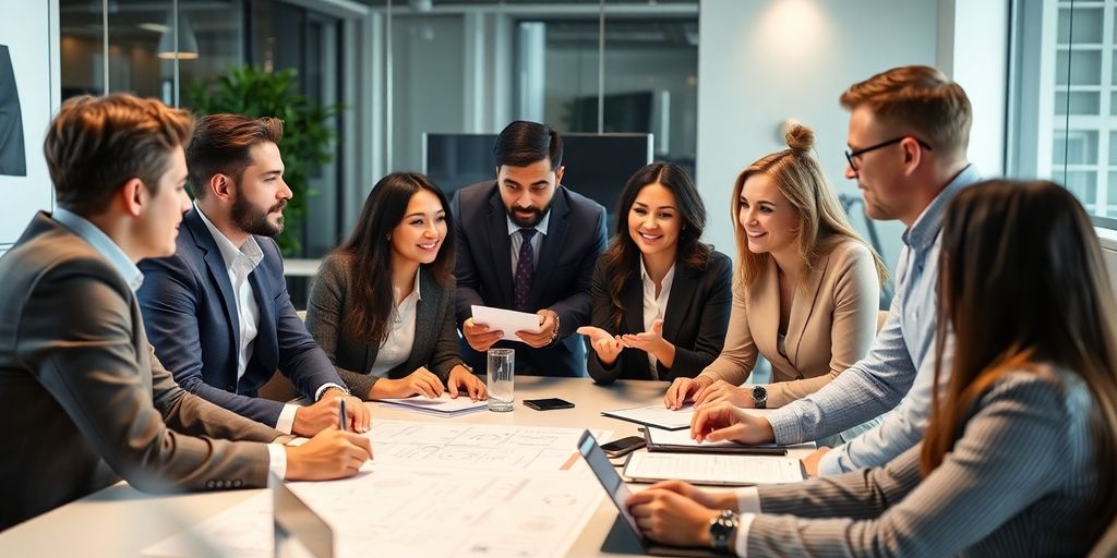 Diverse professionals collaborating in a bright office setting.
