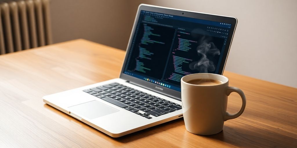 Laptop, code editor, Python script, coffee cup, desk.